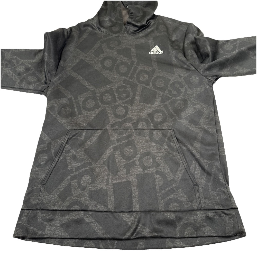 Adidas Boys XL 18-20 Hoodie Gray Black Long Sleeve All Over Logo Sweatshirt - Picture 8 of 9